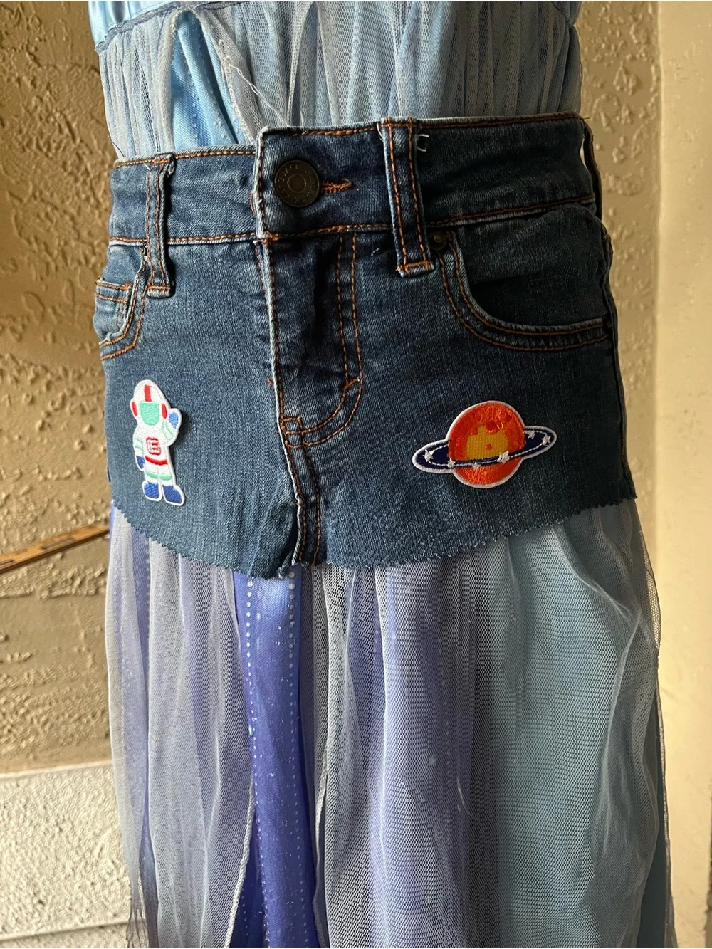 Handmade Cat & Jack Blue Denim Girls' belt with pockets with Space Patches. Sz 7
